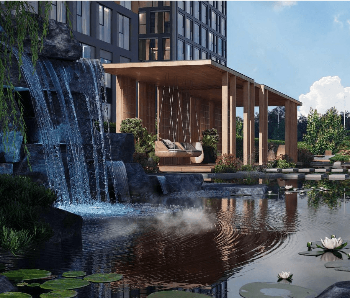 Водный сад INDY Towers — дорожка над водой, павильон для йоги