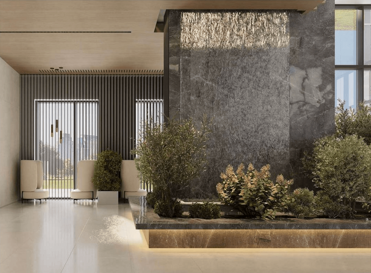 Grand Lobby INDY Towers — японский минимализм, живые цветы, водопад