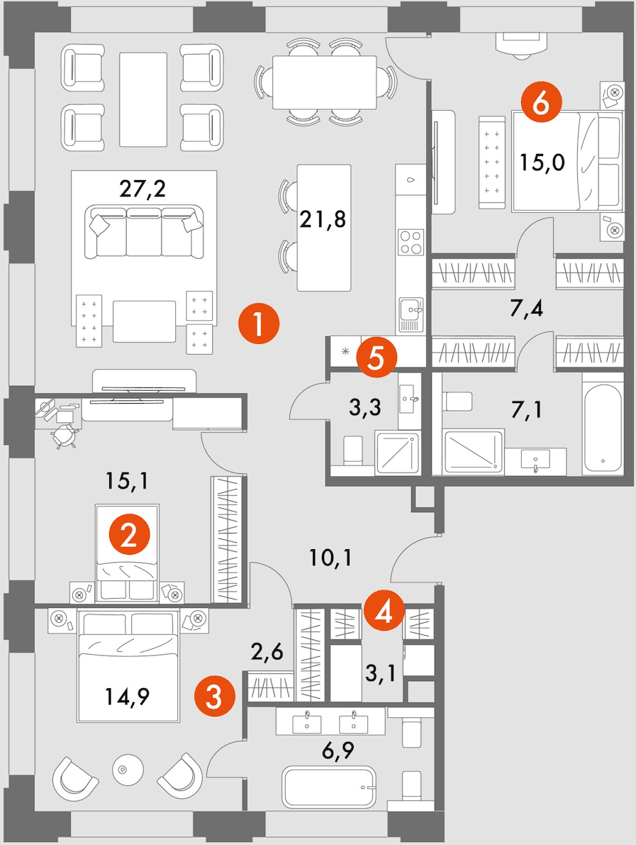 4-комнатная 124–134,5 м²